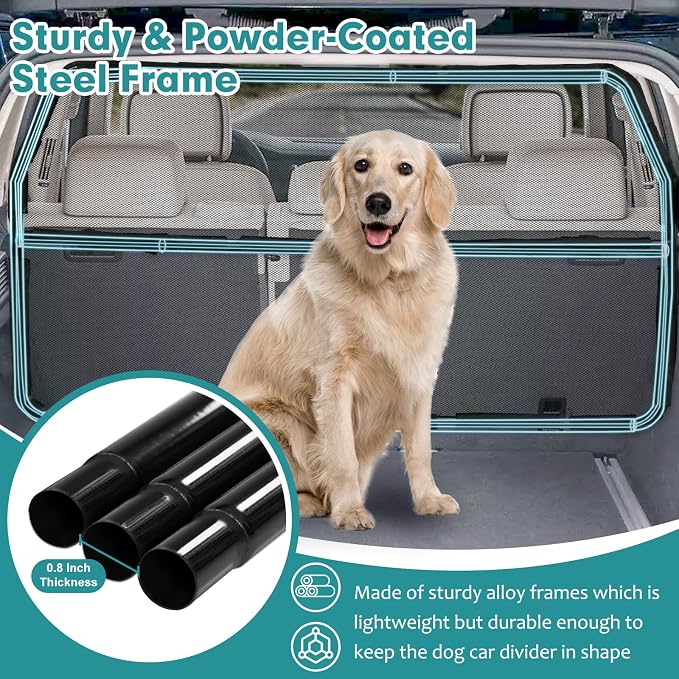 Dog Car Barrier Escape-Proof, 50" Wide Car Divider for 2nd 3rd Row Seats & Cargo Area, Durable Back Seat Car Gate Trunk Barrier with See Through Net Mesh for Small Trucks & SUV & Mid-Sized Vehicle - Image 5