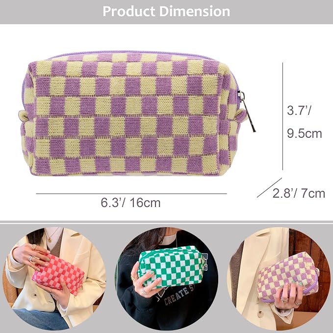 Checkered Makeup Bag for Purse, Small Travel Cosmetic Pouch,Purple,6 Pack | Cute Zipper Makeup Organizer for Women, Travel Essentials, Toiletries, Makeup Brushes, Beauty Accessories&Bridesmaid Gifts - Image 4