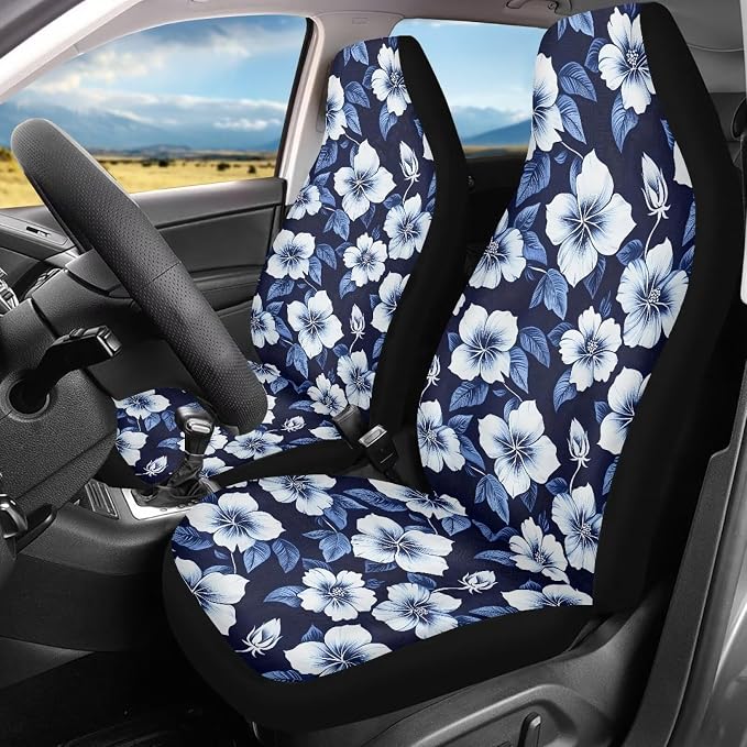 Hawaiian Hibiscus Car Seat Covers White Floral Tropical Flower 2-Pack Car Seat Accessories for Men Women Auto Interior Covers for Car SUV Sedan Truck - Image 2