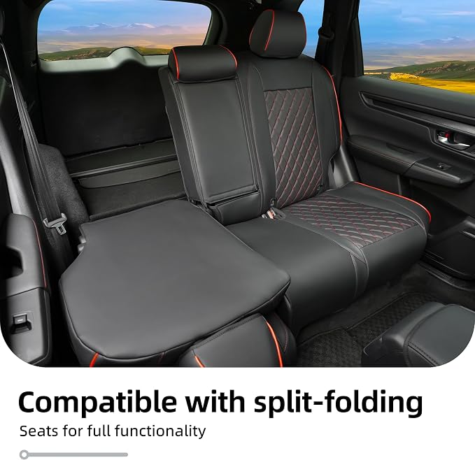 Lolcar CRV Seat Covers Custom Fit for Honda CRV 2023 2024 2025 2026 Leather Car Seat Cover Full Set for Trucks SUV,Waterproof Car Seat Cushion,Faux Leather (Black Red Grid) - Image 7