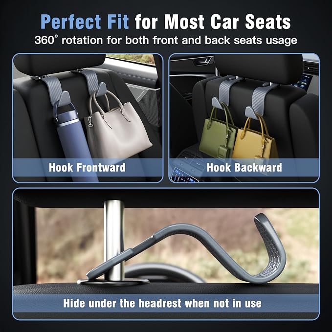 4-Pack Car Headrest Hooks Holds 55lbs Seat Storage Organizer for Bags | Durable ABS Material, 360° Rotating, Car Hanger for Backpack Umbrella Water Bottle Coat Handbags Groceries, Checkered Grey - Image 3