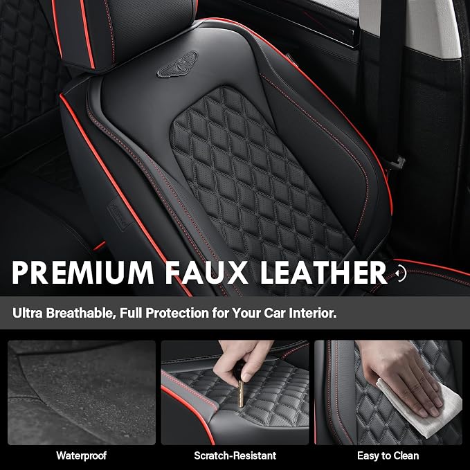 Coverado Front Seat Covers, Wear-Resistant Stain-Proof Cushions, Universal Fit for Most Vehicles, Waterproof Car Seat Protectors, Automotive Seat Covers-Red & Black Line Design - Image 5