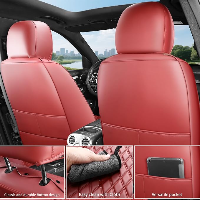 Red High-Density Nappa Leather Automotive Car Seat Covers Full Set | Univerasal Fit,3D Contoured,Waterproof,ThickTexture Nappa Leather,for most Suvs Trucks Sedans - Image 4
