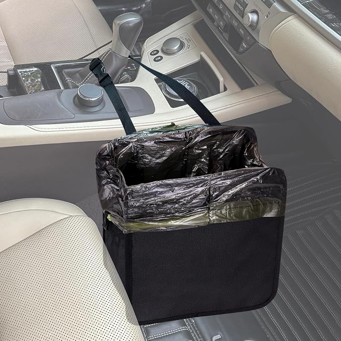 Ginsco 2 Gallons Open-Top Car Trash Can, Hanging Leakproof Car Trash Bag with Water-proof PEVA Liner, Stand Trash Bag for Cars Foldable Automotive Garbage Can for Cars SUV Truck RV Black by Ginsco