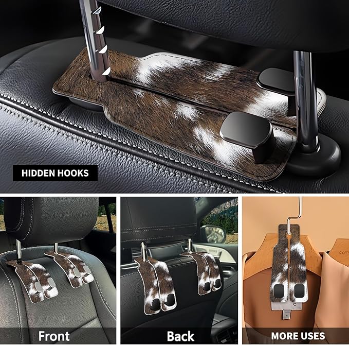 Car Seat Headrest Hook, Universal Leather Cute Hanger Holder Hook, Storage Organizer Interior Accessories for Purse Bags Handbag Brown White Cowhide - Image 3