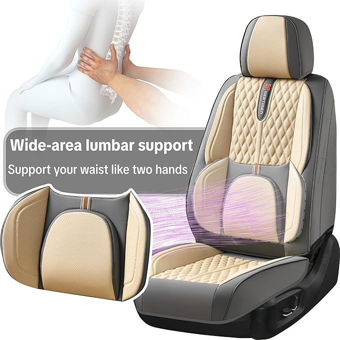 Khaki Car Seat Cover Complete Set, Universal Car Seat Cover for Car with Lumbar Support, Premium Artificial Leather, Waterproof and Easy to Clean, Airbag Compatible, Seat Heating Compatible - Image 4