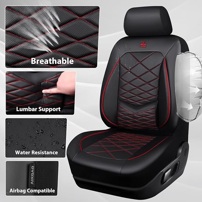CAR PASS Luxury Nappa Leather Front Seat Covers, Water Resistant 3D Foam Seat Covers with Lumbar Support, Breathable Auto Seat Cover Airbag Compatible Universal Fit for Sedan SUV Van Truck, Black Red - Image 7