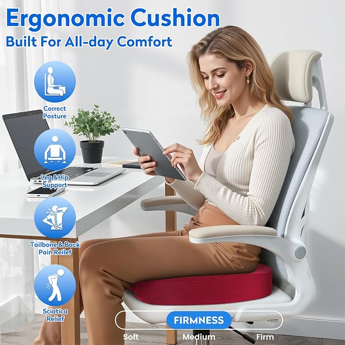 CushZone Memory Foam Seat Cushion for Office Hair, Car & Wheelchair, Red | U-shaped Coccyx Cutout, Contoured Design, Breathable Removable Mesh Cover, Non-Slip Base, Carry Handle - Image 6