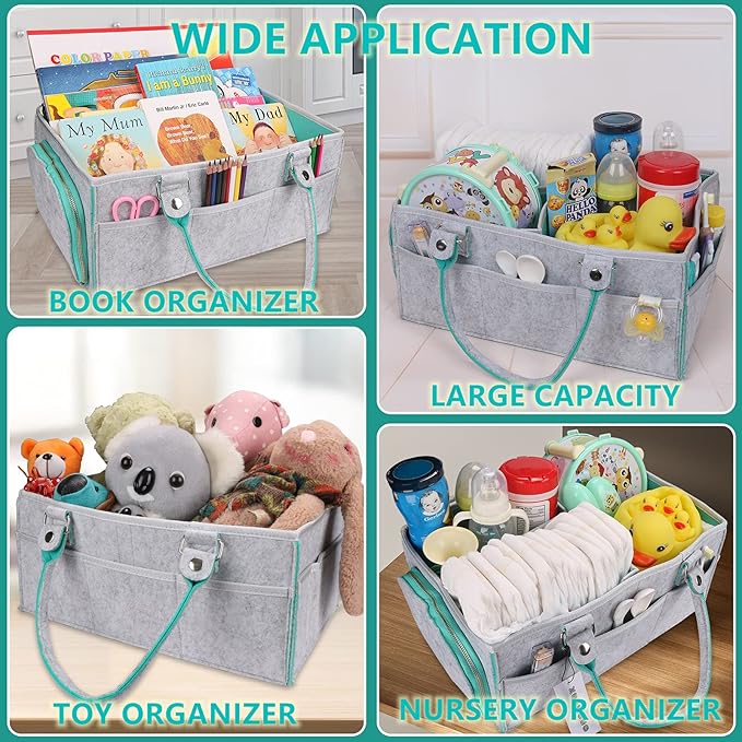 XUANGUO Large Baby Diaper Caddy Organizer, Felt Basket with Handles, Green | Nursery storage bin with dividers; portable tote bag for baby stuff, changing table or car, baby shower and registry gifts. - Image 4
