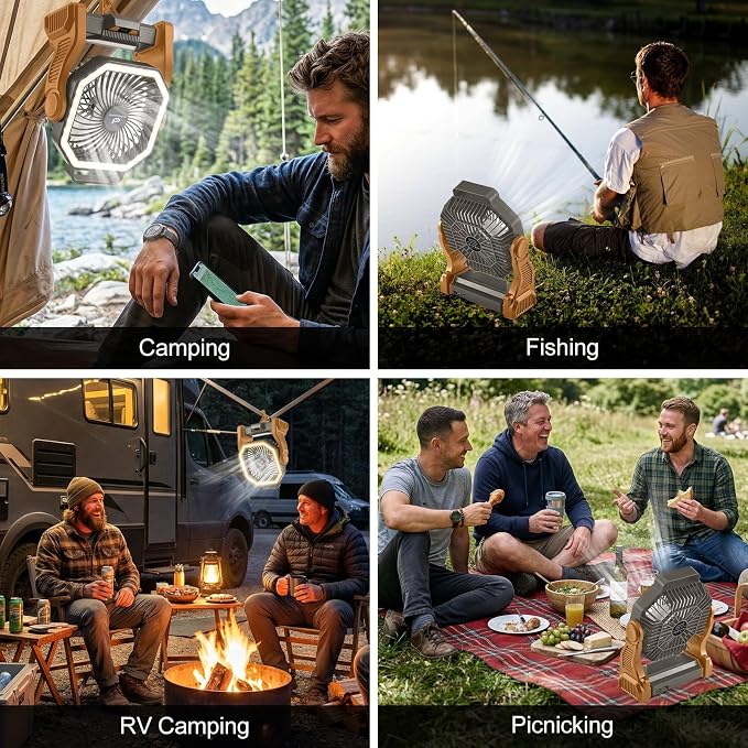 Odoland Portable Rechargeable Fan, 20000mAh Camping Fan with LED Lantern | 4-Speed Airflow & 3-Color Light Oscillating Fan with Hanging Hook for Tent Car Beach Hurricane Power Outage, Brown - Image 2