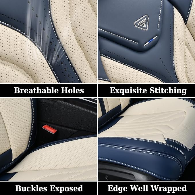 Coverado Car Seat Covers Full Set, Leather Seat Covers for Cars, Waterproof Automotive Seat Covers Car Seat Protectors Car Accessories Universal Fit for Most Sedans SUV Pick-up Truck(Blue&Beige) - Image 7