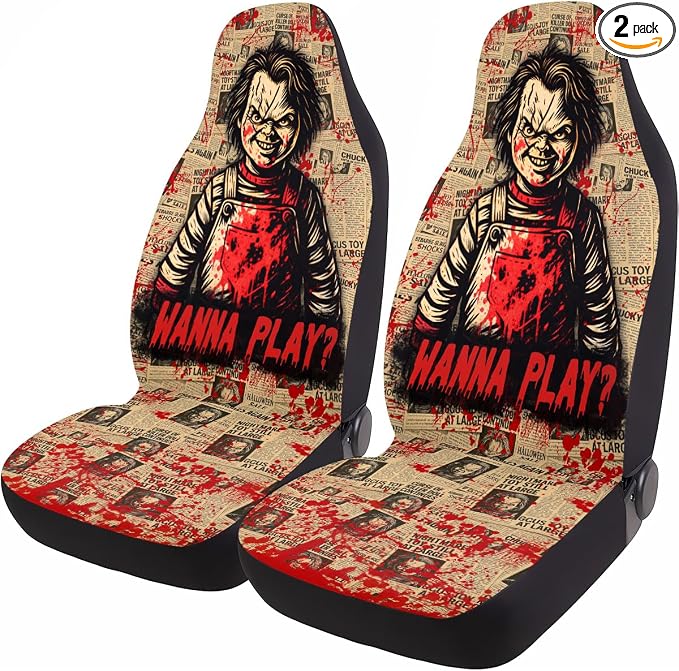 GENANY Creepy Doll Character Car Seat Covers, 2-Piece Front Seat Set | 2-piece polyester front seat cover set, each 49.5 x 19.6 inches, with adjustable straps and hooks by GENANY