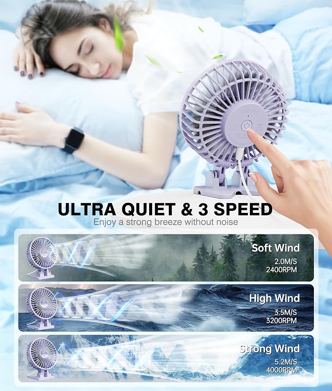 JZCreater USB Desk Fan, Mini Fan Portable, 3 Speeds Desktop Table Cooling Fan, Plug in Power Fan, Rotation Strong Wind, Quiet Personal Small Fan for Home Desktop Office Travel Bedroom, Purple - Image 4