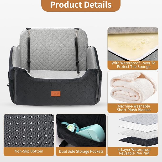 XEEP Dog Car Seat for Medium & Large Dogs Up to 55 lbs, Memory Foam | 2-in-1 Design, Includes Blanket & Urine Pad, 2 Height-Adjust Cushions, Two Safety Tethers, Machine Washable Cover(Black/Grey) - Image 4