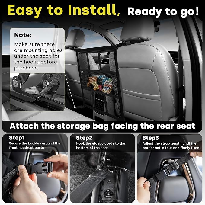 JOENIE Upgraded Dog Car Barrier, Tool-Free Easy Install, Adjustable 22x25 Inch Universal Fit for SUV Sedan Truck, Double-Layer Mesh with Zip Pockets, Sturdy & Breathable - Image 3