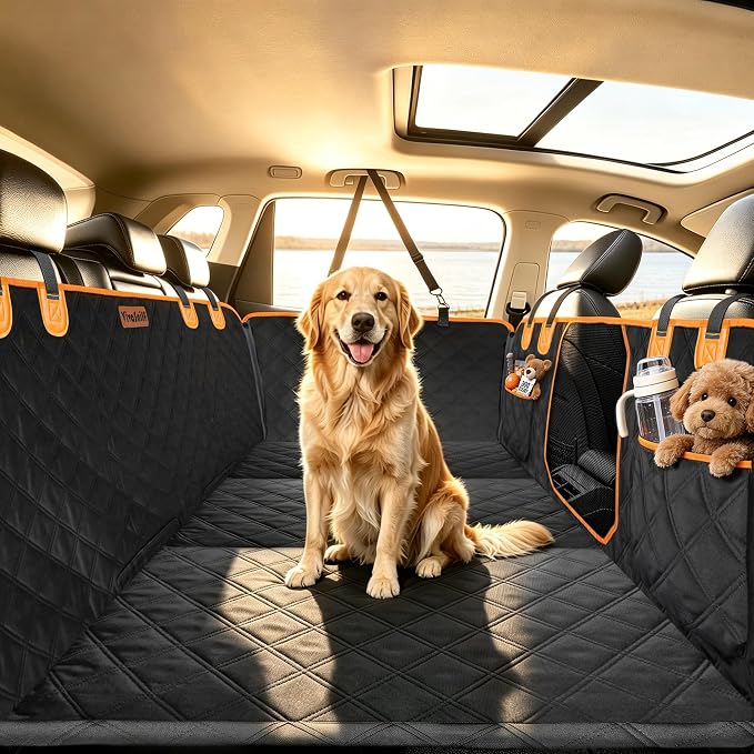 V2 New 600D Hard Bottom Car Seat Cover Extender Hammock for Dogs | Waterproof High-Density Oxford, Anti-sag Hard Base Support 600LBS, Sponge Joint Pad, Mesh Window, Fit K9 Cruiser Sedan/SUV by VivaSniff