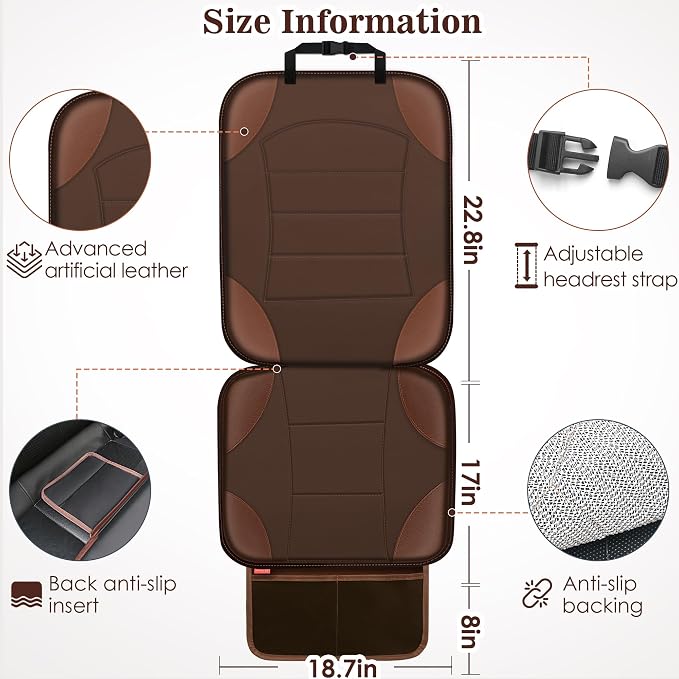 Sinvitron Car Seat Protector for Child Car Seat - Waterproof Non-Slip Leather Mat with 2 Mesh Pockets, Universal Seat Cover for Baby, Pets & Vehicles(2-Pack, Brown) - Image 5