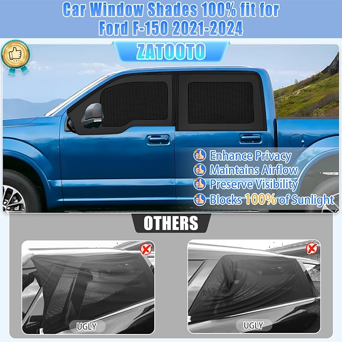 ZATOOTO Car Window Shades for Ford F-150 2021-2024 Car Window Covers Blackout | Double-Layer with Zipper | Airflow and Privacy F-150 Window Screen with Storage Bag for Camping Napping Traveling - Image 3