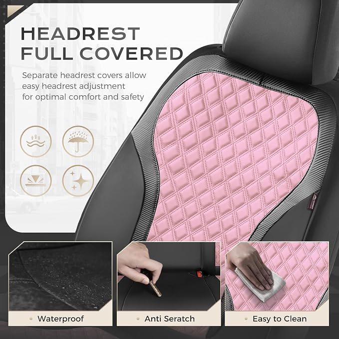 Coverado Car Seat Covers Full Set, Pink Car Seat Covers, Luxury Leather Car Seat Cover with Carbon Fiber Textured Design, Spill-Proof Seat Cushions, Automotive Seat Cover Universal Fit Most Cars - Image 3