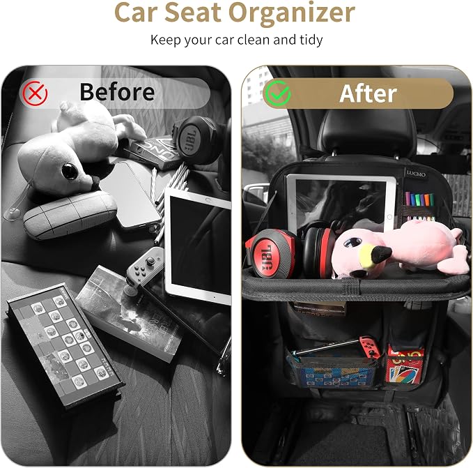 LUCMO Car Backseat Organizer with Foldable Tablet Holder, Black | 6 Storage Pockets,Foldable Food Tray,Protectors Kick Mats,Travel Accessories,Seat Cover,Road Trip Essentials - Image 8