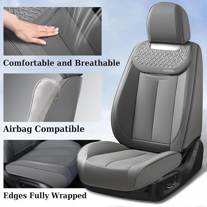 Coverado Car Seat Covers Front Seats, Luxury Nappa Leather Waterproof Seat Covers for Cars, Universal Front Seat Covers, Driver Seat Protector Automotive Interior Accessories Fit for Most Cars,(Gray) - Image 4
