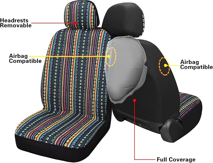 HAIYAOTIMES Baja Saddle Blanket Car Seat Covers Front Set with Seat Belt Pads, Washable Breathable Seat Covers for Cars, Universal Fit Interior Covers for Most Cars, Airbag Compatible, Red/Blue - Image 4