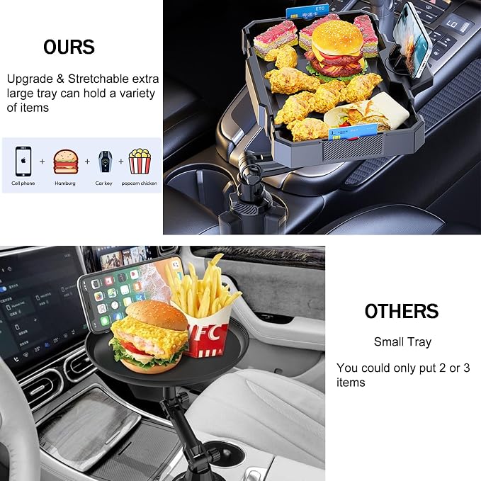 7.9-9.8in Expandable Car Cup Tray, 360 Rotating w/Phone Holder for RV Truck | Road Trip Essentials / Travel Must-Have / Snacks Food Tray - Image 2