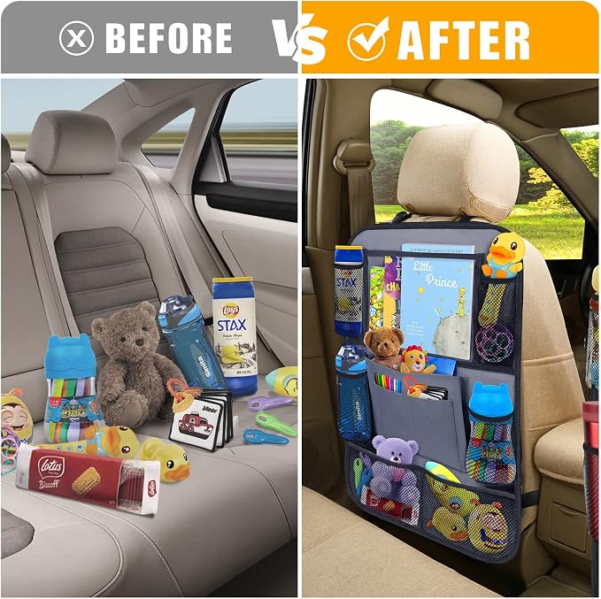 Backseat Car Organizer w/ 10 Storage Pockets 11" Tablet Holder, 2 PCS Gray | Car Organizers and Storage Kick Mats Back Seat Protector w/ Touch Screen Tablet Holder for Kids Toddlers, Travel Accessories - Image 3