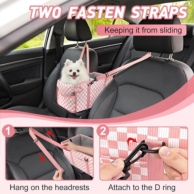 Console Dog Car Seat for Small Dogs, Foldable Booster Seat, Pink Checkered | Portable Booster Seat Sits On Car Console/ Armrest. Foldable for Easy Storage. for Center Console, Easy To Clean. - Image 5