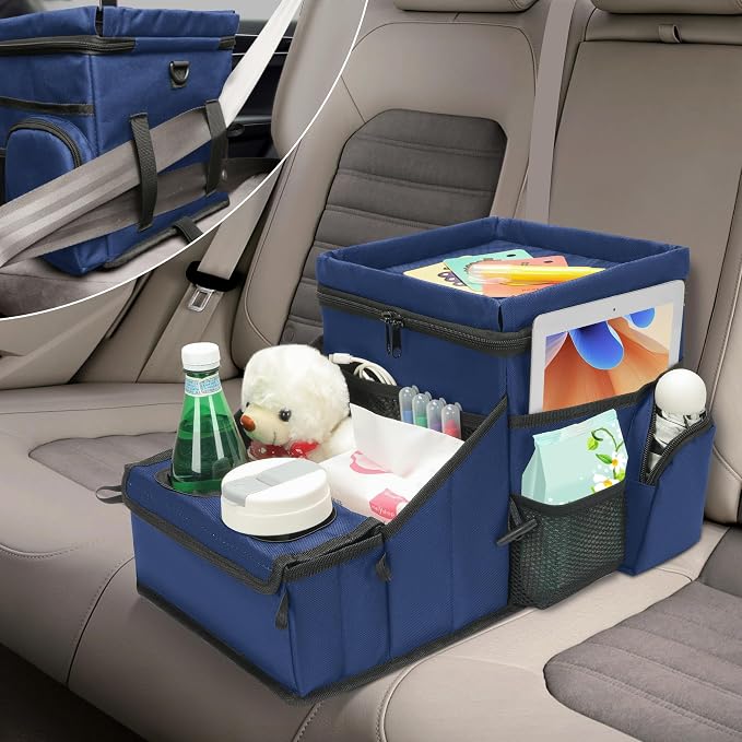 Backseat Organizer for Kids & Adults – Car Seat Cooler Warmer with 2-in-1 Writing Tray, Cup Holders & 11 Storage Compartments | Road Trip Car Organizer for Front & Back Seat (Black) (Navy Blue) - Image 12