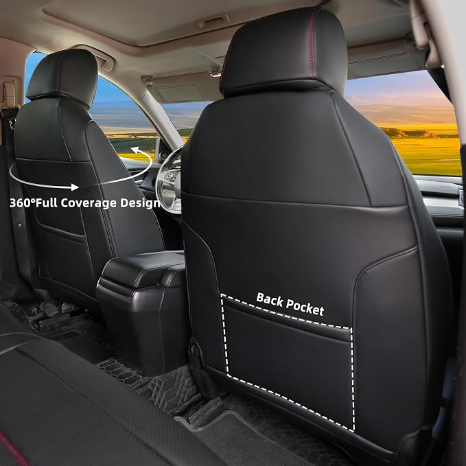 Lolcar Custom Fit Civic Seat Covers for Honda Civic 2016 2017 2018 2019 2020 2021 Hatchback EX,Sport Touring,EX-L - 5-Seats Leather Full Set，Black red line(60/40 Split Seatback) - Image 5