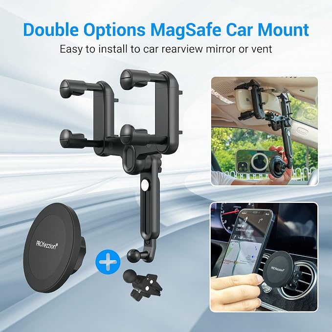 PROfezzion Car Rearview Mirror Magnetic Phone Mount Holder for MagSafe | Vent Clip Included, No Vibrating, Eye-level View, Length & Angle Adjustment, for iPhone 17 16 15 14 13 Pro Max & All Phones - Image 3