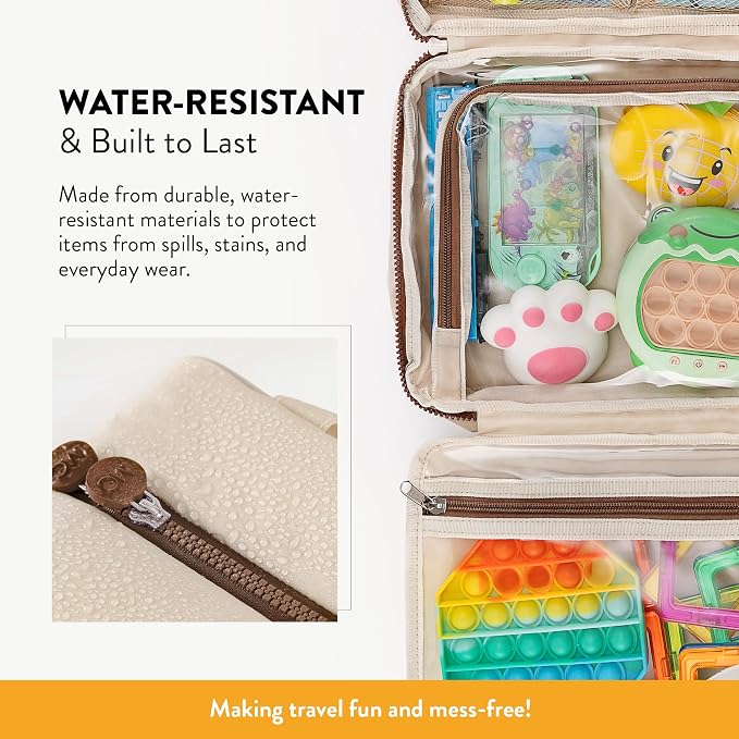 Kids Travel Organizer – Multi-Compartment, Water-Resistant Hanging Bag for Toys, Snacks, & Activities - Compact, Lightweight Design with Hook & Carry Handle - Perfect for Travel Use (Beige, Large) - Image 3