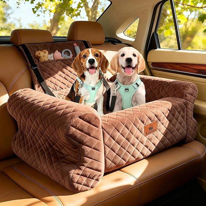 Dog Car Seat for Medium/Large Dogs up to 60LBS Memory Foam Dog Booster Seat | with Thick Cushion, Pet Car Seat for Back with Detachable Washable Cover, Storage Pockets for SUV, Pick Up, Trunk, Brown by Linvivon