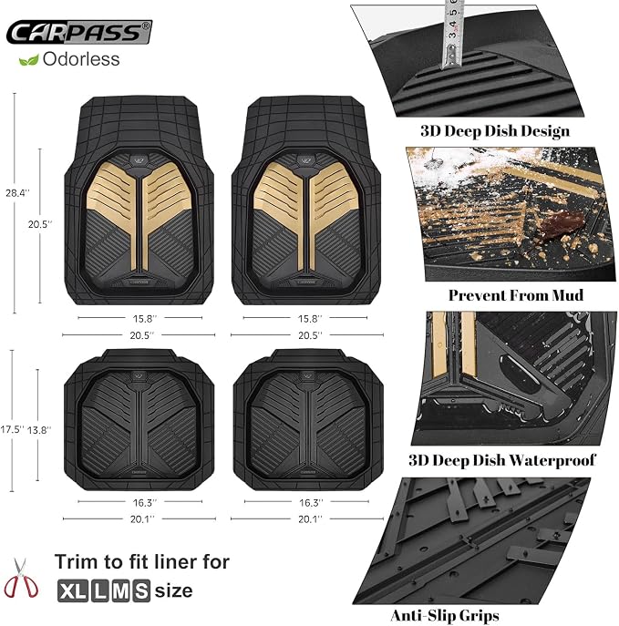 CAR PASS Heavy Duty Rubber Car Mats, Deep Dish Car Floor Mats All Weather, Car Mats Full Set 4-Piece Trim to Fit for Sedans SUVs Trucks, Waterproof Anti-Slip Automotive Mats, V12 Black Champagne Gold - Image 6