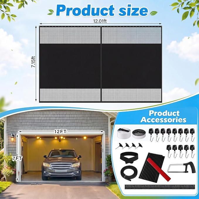 Frienda 12 x 7 ft Sliding Privacy Garage Door Screen 1 Car with Track Closure Retractable Magnetic Closure Heavy Duty Weighted Bottom Door Privacy Protection Curtain Keep Animals Out for Summer Garage - Image 2