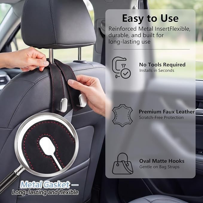 Car Seat Headrest Hooks for Purses & Shopping Bags, 2 Pack Suede Car Purse Hook, Double Hooks Secure Bags While Driving, Elegant & Durable, Simple to Install, Fits Handbags, Grocery Bags, Bottles. - Image 5