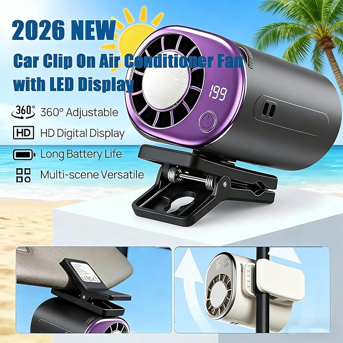 Clip On Air Conditioner Fan, 199 Speeds & 16°C Cooling (Pink) | Premium ABS for Car/Office/Bed/Beach, 20dB Ultra-Quiet, 2000mAh Battery, 360° Rotation, USB-C, LED Display, Secure Clip - Image 3