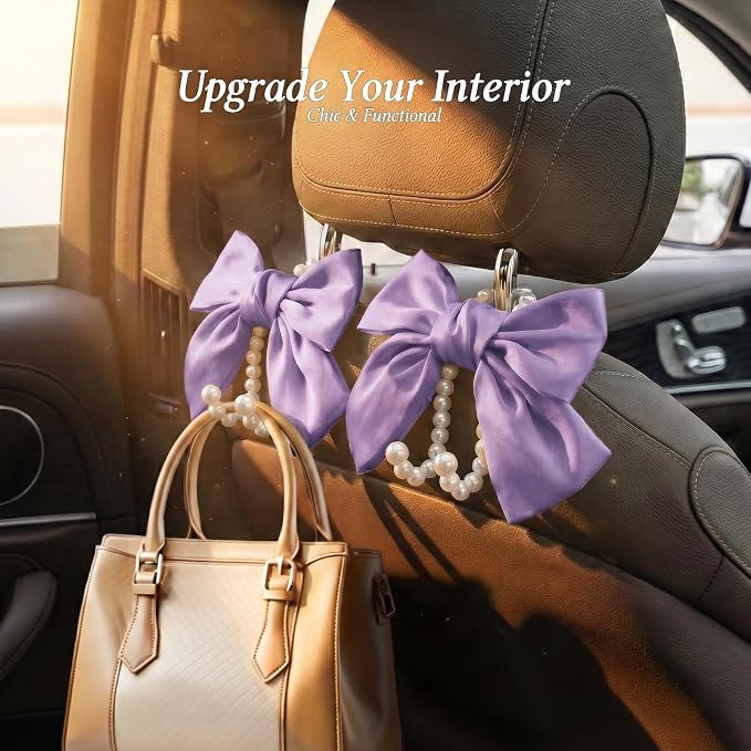 2PCS Satin Bow Pearl Car Seat Headrest Hooks – Car Bag Holder & Vehicle Hanger for Purses – Cute Coquette Aesthetic Interior Decoration – Cute Auto Organizer Accessories Universal (Lavender Purple) - Image 3