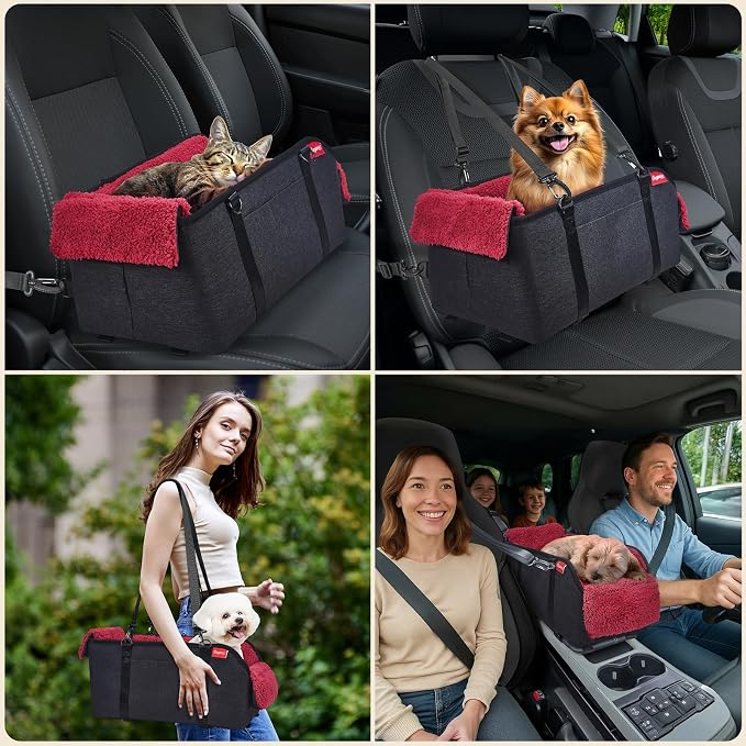 BurgeonNest Center Console Dog Car Seat for Small Pets to 11lbs, Red | Anti-collapse armrest Console seat with washable fluffy cushion, pillow & tether for stable, cozy pet travel trips. - Image 6