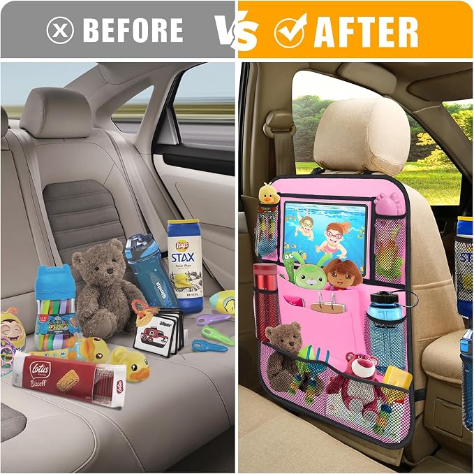 Backseat Car Organizer w/ 10 Storage Pockets, 11" Tablet Holder, 2 PCS Pink | Car Organizers and Storage Kick Mats Back Seat Protector w/ Touch Screen Tablet Holder for Kids Toddlers, Travel Accessories - Image 3