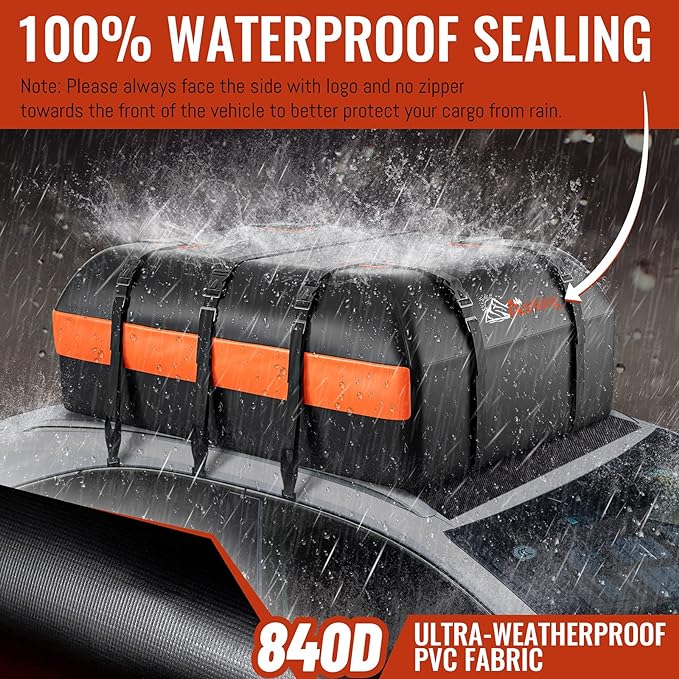 Car Rooftop Cargo Carrier Bag, 15 Cubic Feet Waterproof Heavy Duty 840D Car Roof Bag for All Vehicle with/Without Racks - Anti-Slip Mat, 6 Door Hooks, Storage Bag, 2 Extra Straps, Luggage Lock - Image 2