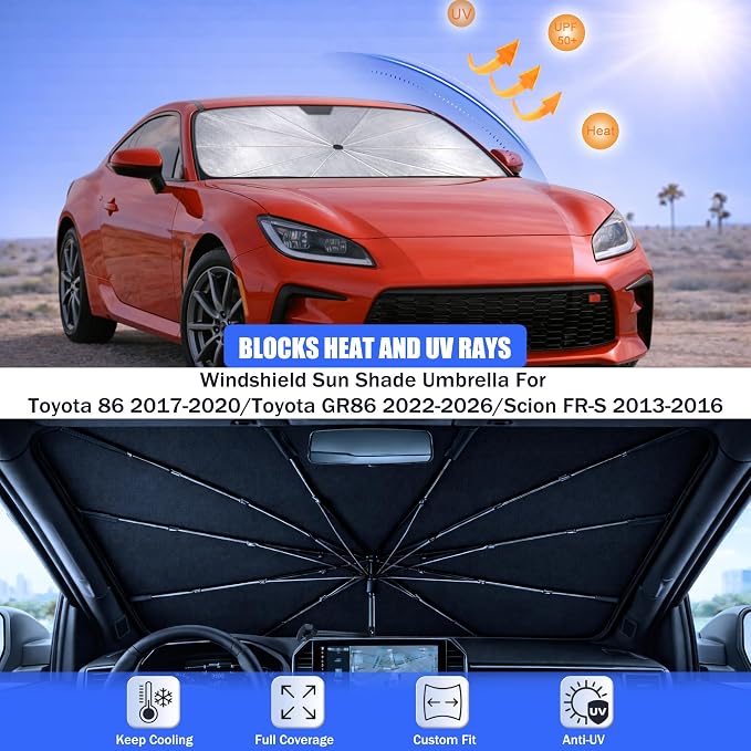 Car Windshield Sun Shade Umbrella for Toyota 86 2017-2026 | Custom Fit For Toyota 86 2017-2020/Toyota GR86 2022-2026/Scion FR-S 2013-2016 ,Easy Install,UV Protection & Heat Reflective - Image 3