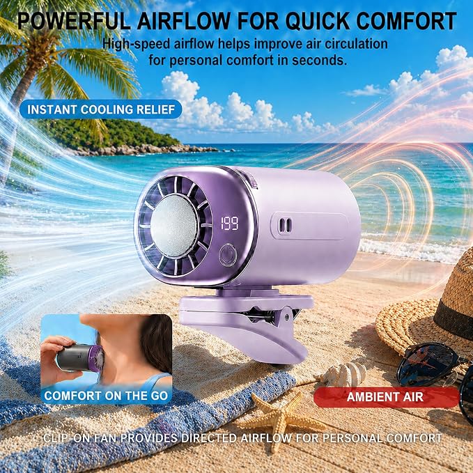 Clip on Fan, 360° Rotate Wearable Mini Fan, 199 Speeds LED Display | 4-in-1 clip fan for car seat, hat & waist. 199 speeds, LED display, 360° rotate, 2000mAh battery, lanyard included. - Image 8