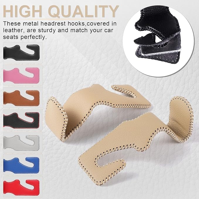 LivTee Beige Superior Leather Car Seat Back Headrest Hook, Auto Seat Hook Hangers Interior Accessories for Purse Coats Umbrellas Grocery Bags Handbag, 2-Pack - Image 5