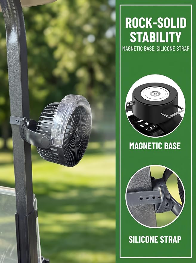 2-Pack Magnetic Golf Cart Misting Fan with Heavy-Duty Strap, 12000mAH Battery Operated Portable Fan with 4 Speeds, LED, Timer, Suitable for EZGO Club Car Yamaha, Golf Cart & Camping Accessories 2026 - Image 3
