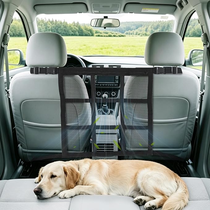 Dog Car Net Barrier Double Layer Mesh with Zipper Organizer Storage | Cars Seat Divider for Pet with Adjusting Rope and Hook Breathable Dogs Travel Accessory Universal Fit for SUV Sedan Truck by YYSSNM