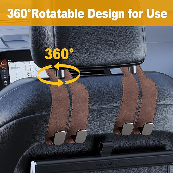 Car Purse Hook Purse Hook for Car Seats Headrest Car Seat Hooks,Heavy Duty Vehicle Organizer for Handbags, Groceries, Purses, Keep Car Tidy (Brown, 4 Pack) - Image 3