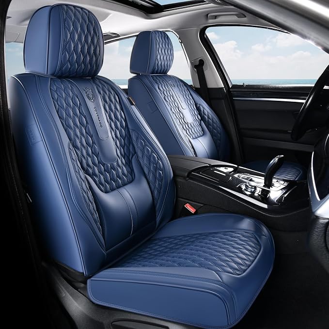 Coverado Car Seat Covers Full Set, Nappa Leather Seat Covers for Car, Waterproof Car Seat Protector with Lumbar Support, Automotive Seat Covers Universal Fit for Most Cars SUV Trucks (Blue) - Image 2