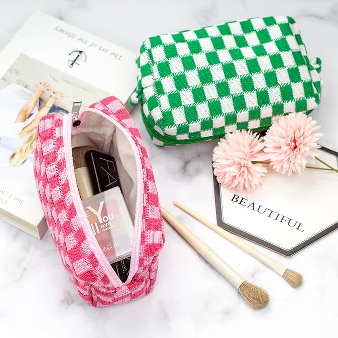 PAZIMIIK Checkered Makeup Bag for Purse Portable Zipper Make Up Pouch Small Cosmetic Case for Travel Accessories (Hotpink) | Cute Zipper Makeup Organizer for Women, Travel Essentials, Toiletries, Makeup Brushes, Beauty Accessories&Bridesmaid Gifts - Image 2